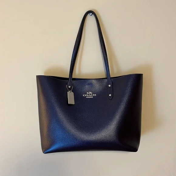 Coach Town Tote Metallic Cadet Blue Pebbled Leather New NWOT - Picture 2 of 6